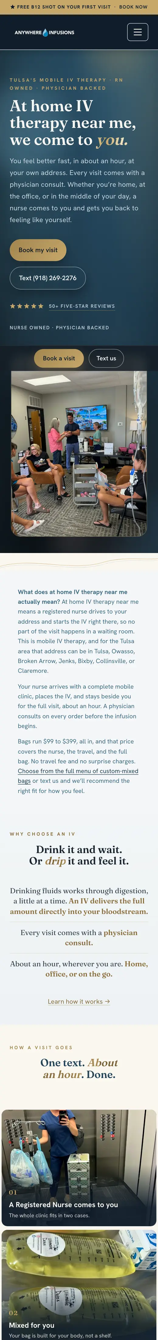 Anywhere Infusions homepage on a phone